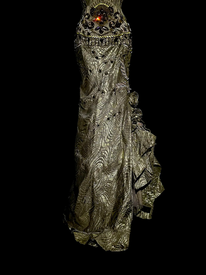 Gold halter-neck fitted long ball gown R6620