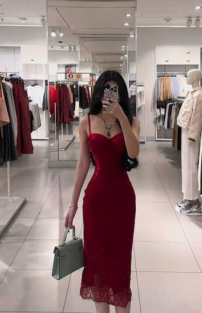 Red spaghetti strap waist-cinching slim-fit bodycon sexy prom dress R7926