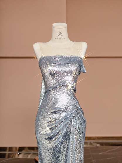 Silver sequined sleeveless fitted long ball gown R8405