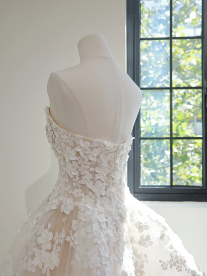 Off-white strapless floral appliqué fitted waist puff skirt long ball gown/bridal dress R8465
