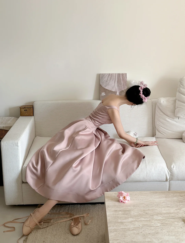 Champagne pink spaghetti strap, waist-cinched, slim-fit A-line long elegant prom dress R7966