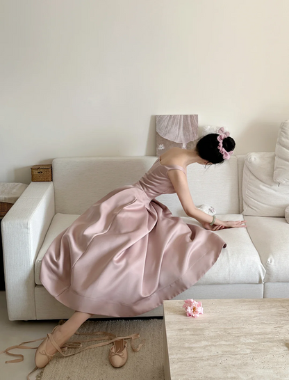 Champagne pink spaghetti strap, waist-cinched, slim-fit A-line long elegant prom dress R7966