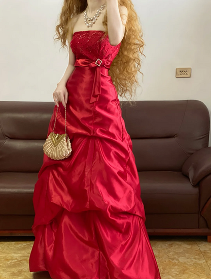 Red Strapless Waist-Cinched Long-Length Bud-Hem Ball Gown, Bridal Gown R7333