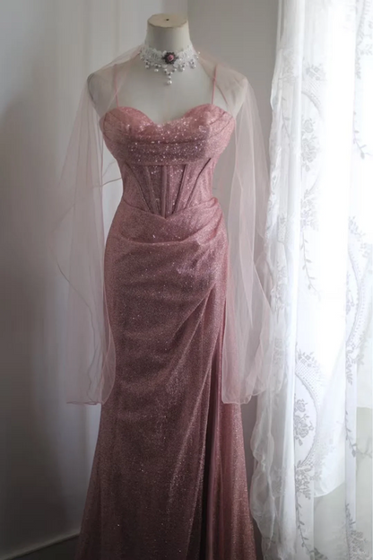 Pink sequined halter-neck fitted long ball gown R6779