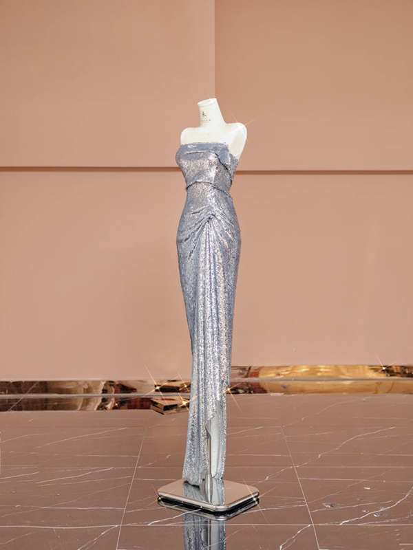 Silver sequined sleeveless fitted long ball gown R8405
