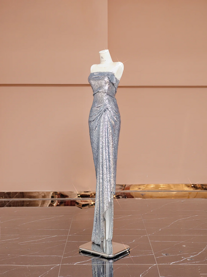 Silver sequined sleeveless fitted long ball gown R8405