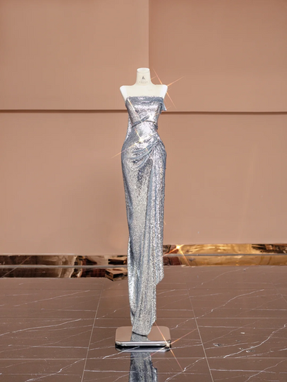 Silver sequined sleeveless fitted long ball gown R8405