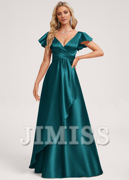 Ruffled A-line V-neck Floor-length Satin Bridesmaids Dress