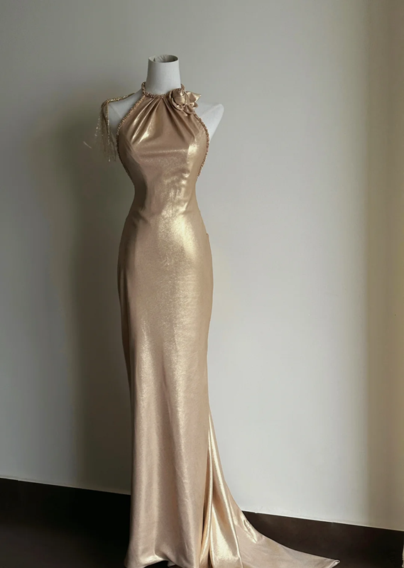 Golden sleeveless waist‑cinched slim‑fit sexy elegant long prom gown, wedding dress R8005