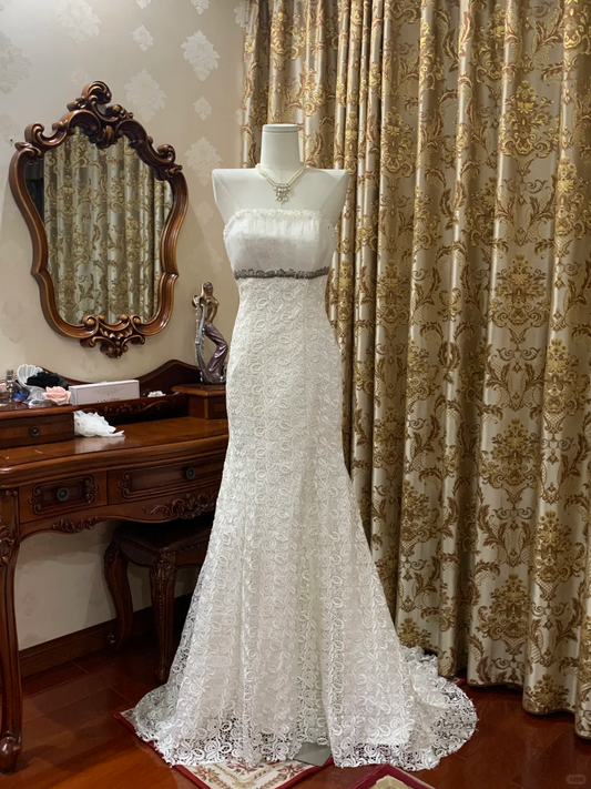 White Strapless Waist-Cinched Mermaid Prom Dress, Evening Gown, Wedding Dress, Graduation Dress gh7247