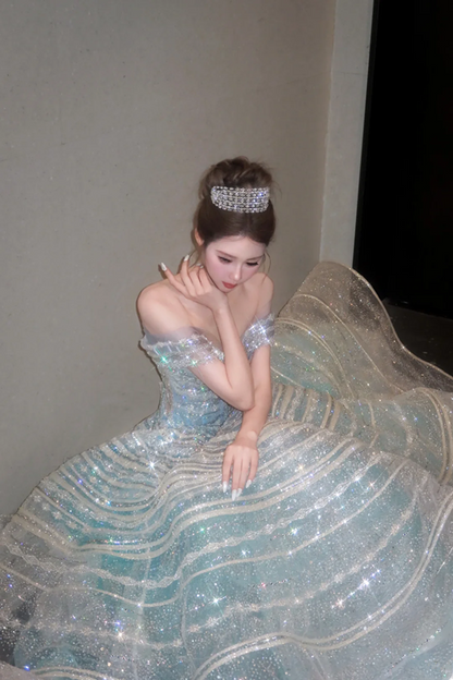 Light blue off-the-shoulder fitted bodice ball gown/bridal dress R8652