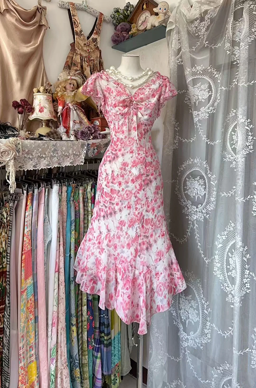 Pink floral print fitted long sexy ball gown R7886