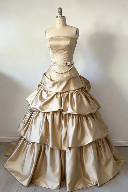 Elegant Strapless Burgundy Satin Pleated Layered Long Party Dress Prom Dresses SP1339