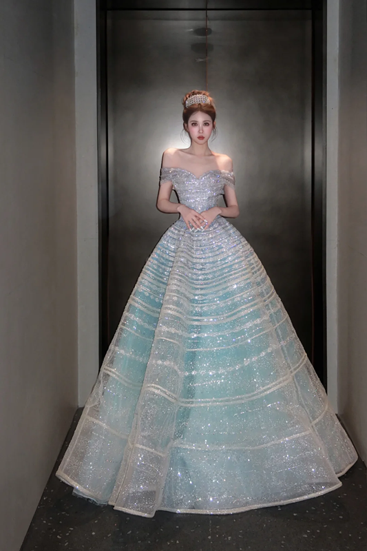 Light blue off-the-shoulder fitted bodice ball gown/bridal dress R8652