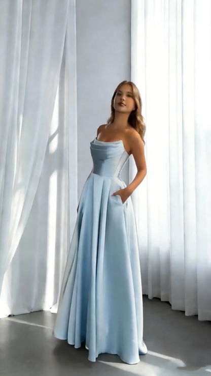Sweet Yellow Strapless Satin Pleated Slit A Line Party Dress Long Wedding Guest Dress SP1688