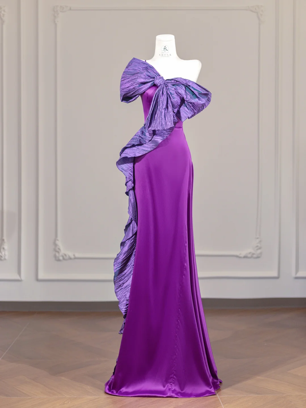 Purple halter neckline, bow-tie, fitted long ball gown R8260