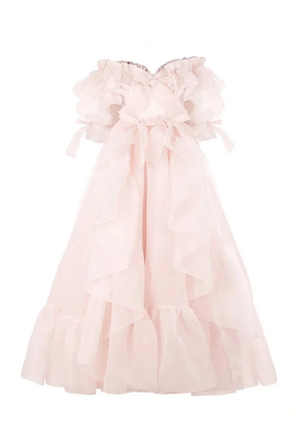 Light pink off-the-shoulder cake skirt ball gown R8562