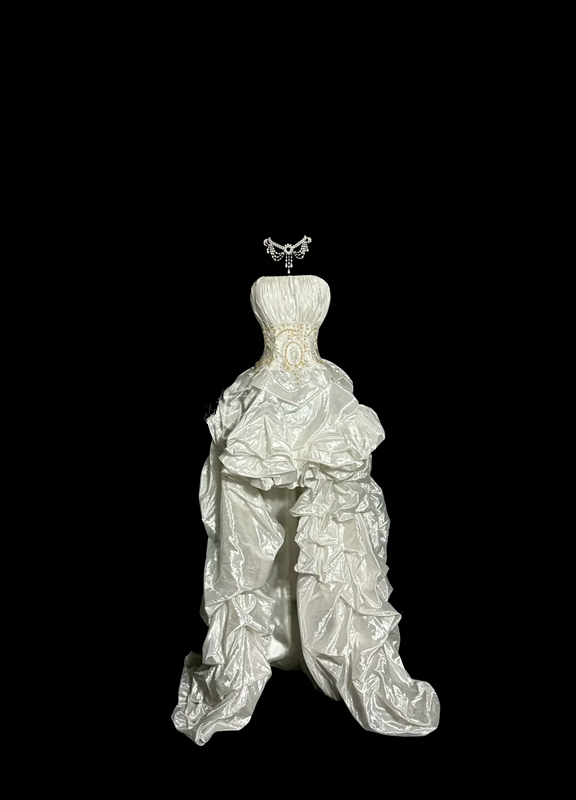 White strapless fitted waist slim-fitting ball gown with retro floral pattern R8109