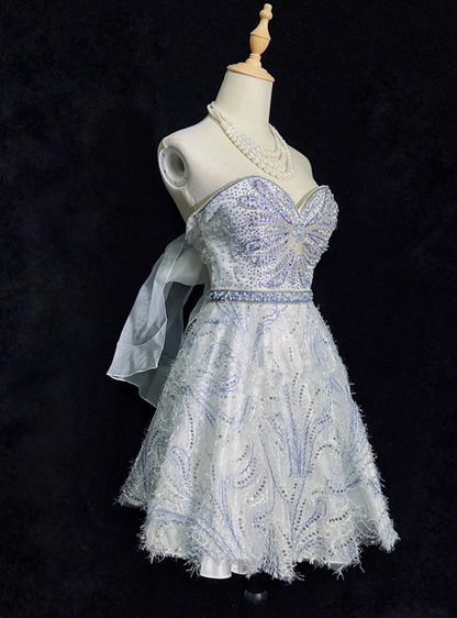 White bottom tube top butterfly design diamond waist A-line short skirt homecoming dress R5009
