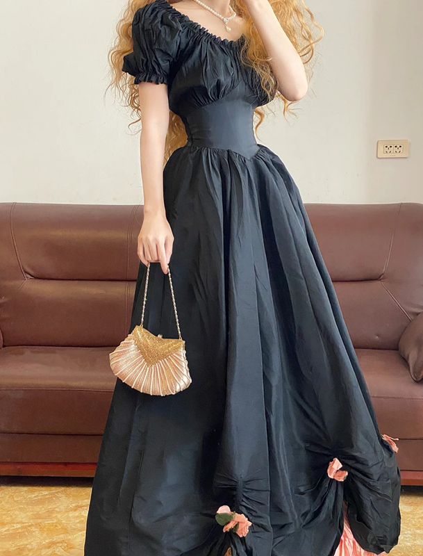 Black Square-neck Short-sleeve Waist-Cinched Long Ball Gown R7381