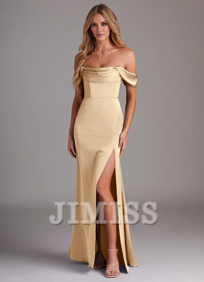 Off Shoulder Side Split Satin and Floor length Bridesmaid Dress - Dress