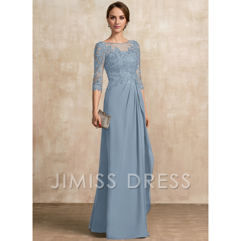 A-shaped Scoop Illusion floor mopping chiffon lace ribbon bead sequins layered ruffles mother of the bride dress