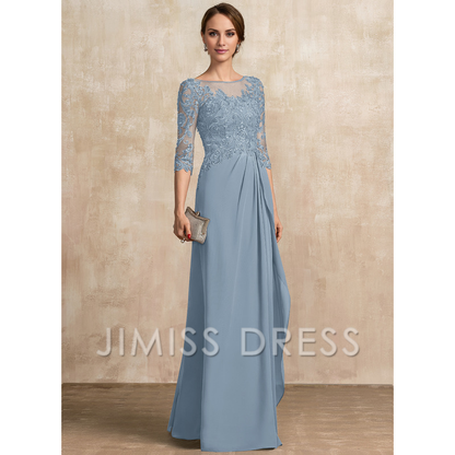 A-shaped Scoop Illusion floor mopping chiffon lace ribbon bead sequins layered ruffles mother of the bride dress