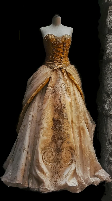 Gold strapless, fitted waist, classic floral pattern, long skirt, elegant ball gown R8126