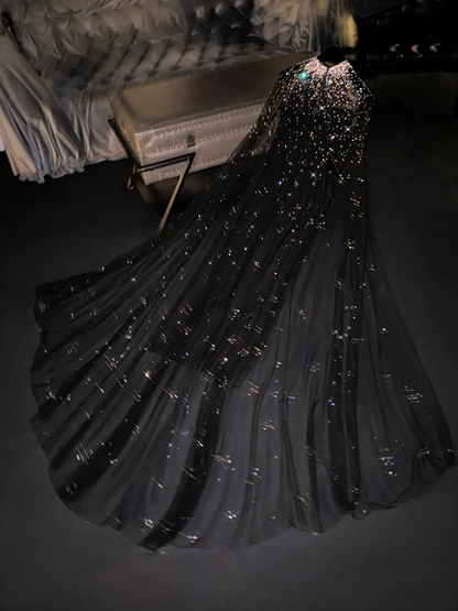 Black rhinestone sleeveless fitted waist long ball gown/bridal dress R8717