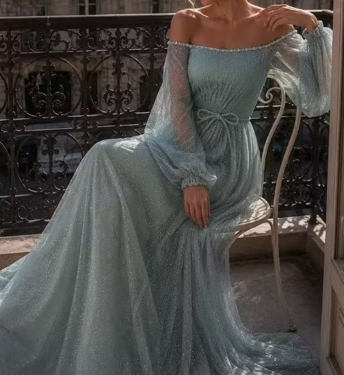 Vintage Dusty Sage Sparkle Tulle Off-the-Shoulder Long Sleeve A-Line Evening Gown TP5899