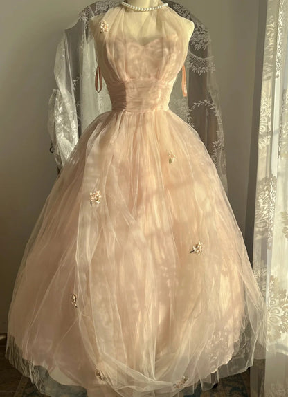 Sweet Pink Halter Neck Tulle Long Ball Gown Evening Dress cc5322