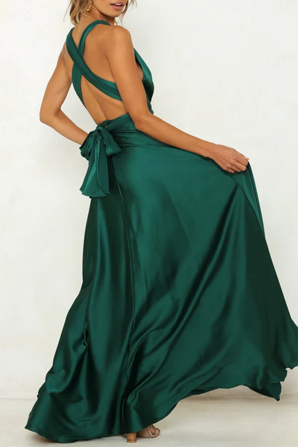 Elegant solid color backless shoulder strap V-neck evening dress