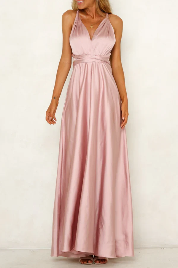 Elegant solid color backless shoulder strap V-neck evening dress