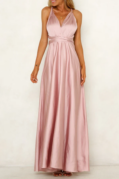 Elegant solid color backless shoulder strap V-neck evening dress
