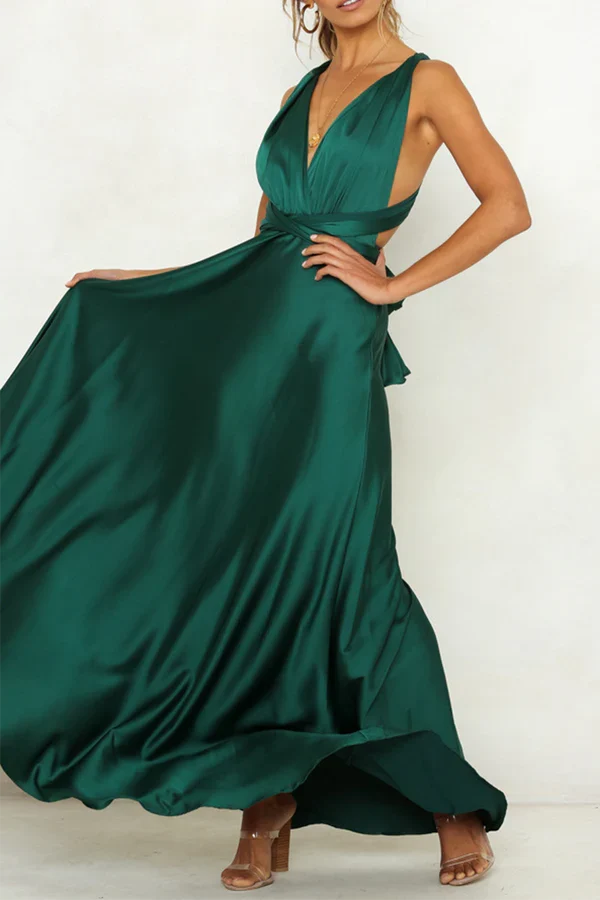 Elegant solid color backless shoulder strap V-neck evening dress