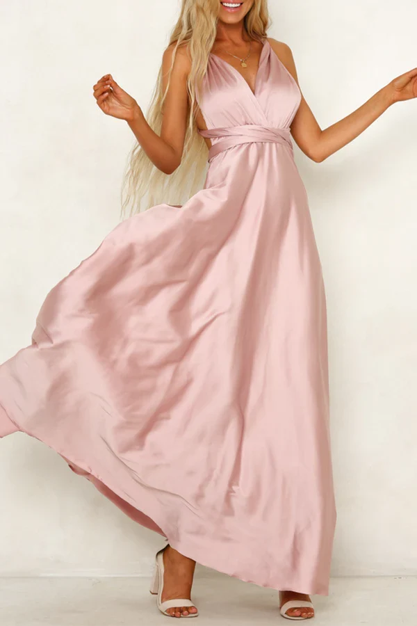 Elegant solid color backless shoulder strap V-neck evening dress