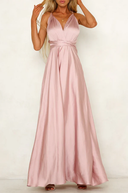 Elegant solid color backless shoulder strap V-neck evening dress