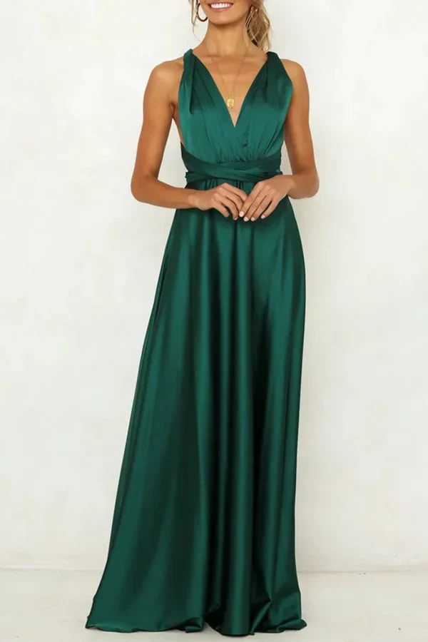Elegant solid color backless shoulder strap V-neck evening dress
