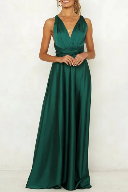 Elegant solid color backless shoulder strap V-neck evening dress