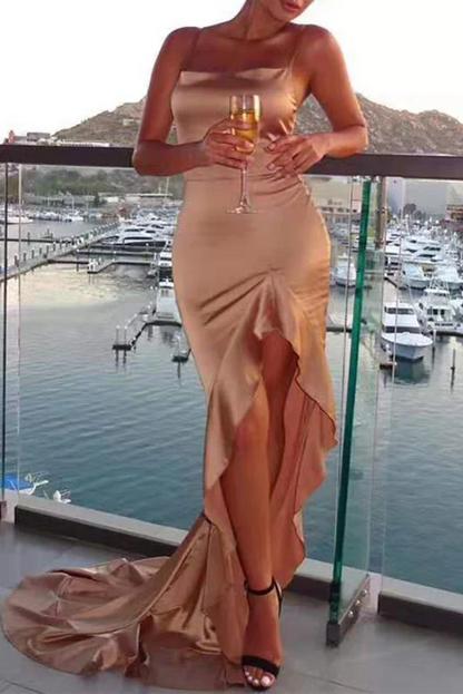 Elegant solid color ruffled edge slit for evening dressing