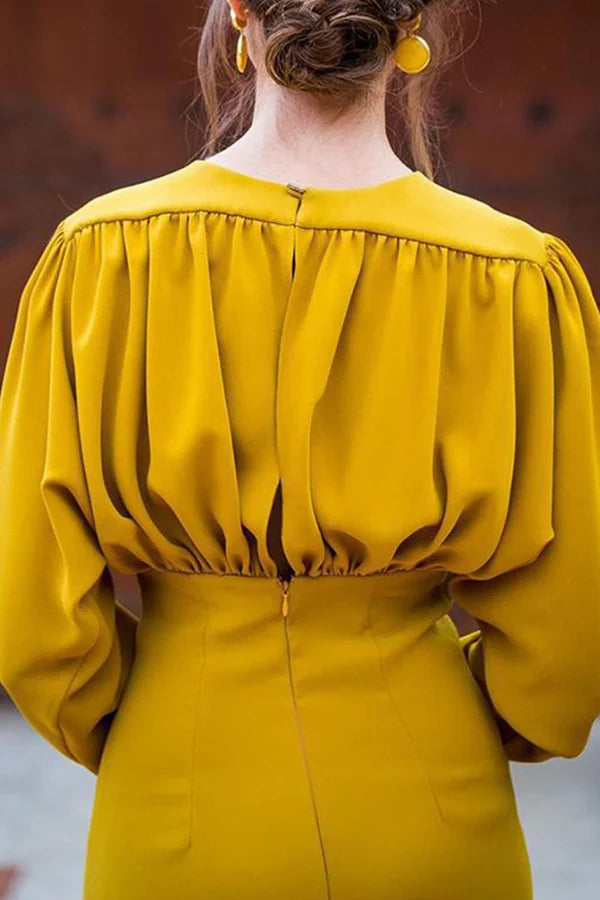 Elegant solid color patchwork foldable V-neck one-step dress for evening dress