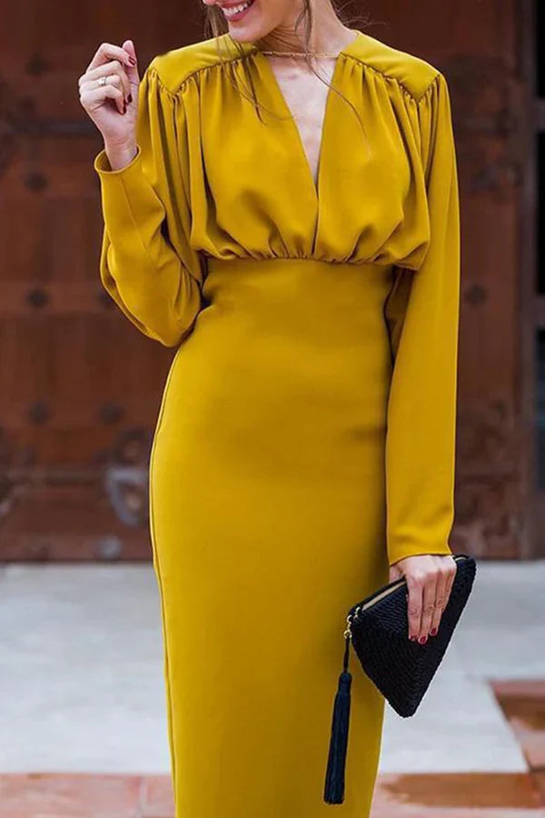Elegant solid color patchwork foldable V-neck one-step dress for evening dress