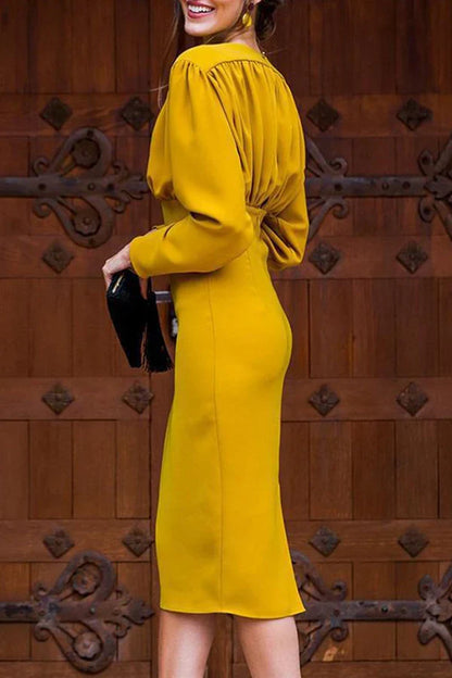 Elegant solid color patchwork foldable V-neck one-step dress for evening dress