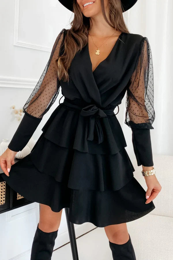 Casual solid color mesh V-neck cake dress evening dress