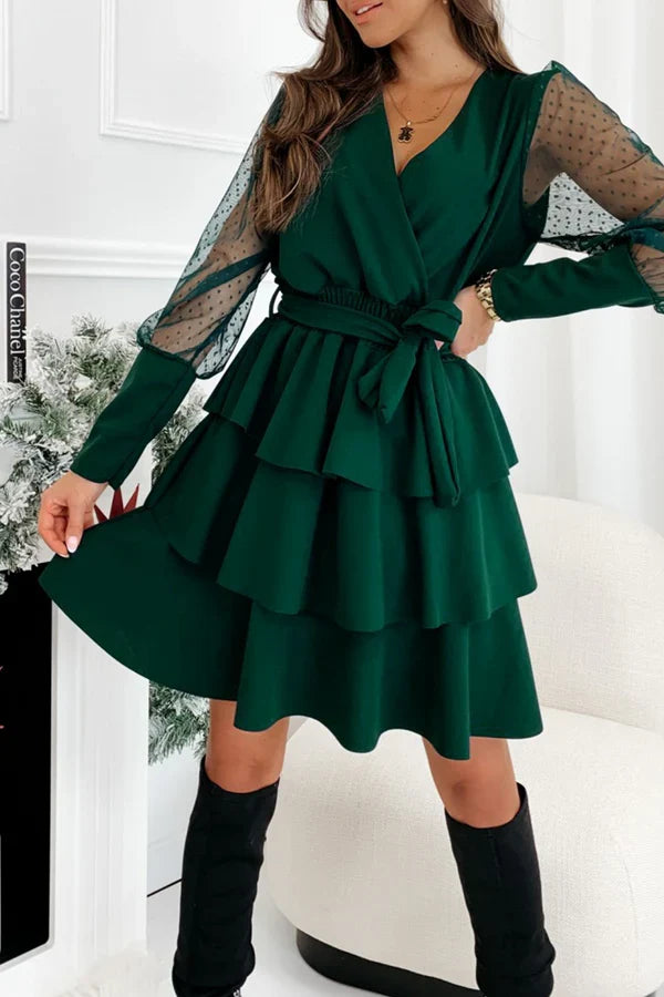 Casual solid color mesh V-neck cake dress evening dress