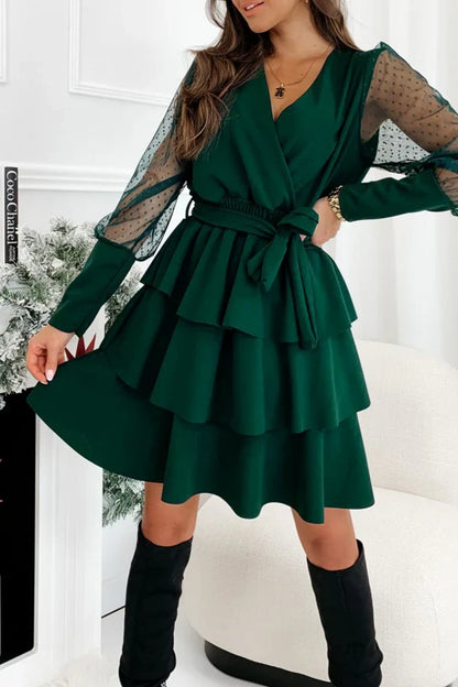 Casual solid color mesh V-neck cake dress evening dress