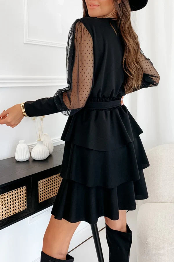 Casual solid color mesh V-neck cake dress evening dress
