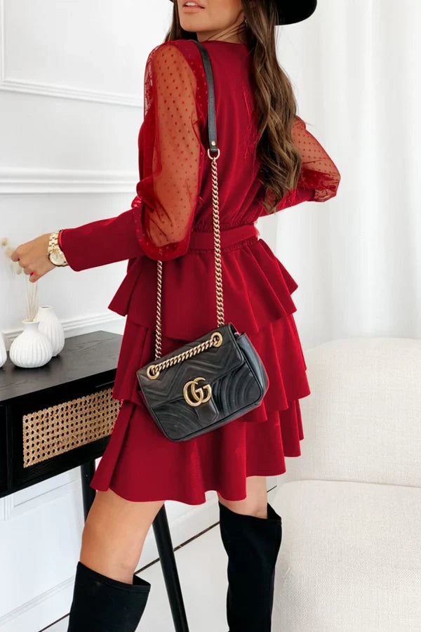 Casual solid color mesh V-neck cake dress evening dress
