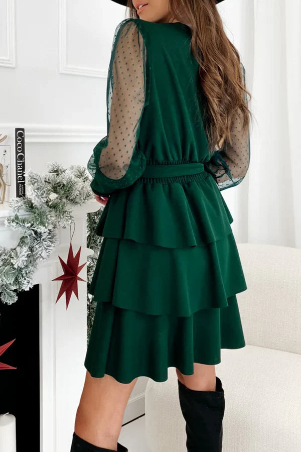 Casual solid color mesh V-neck cake dress evening dress