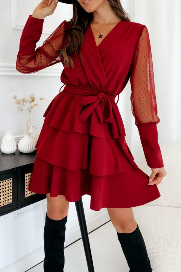 Casual solid color mesh V-neck cake dress evening dress